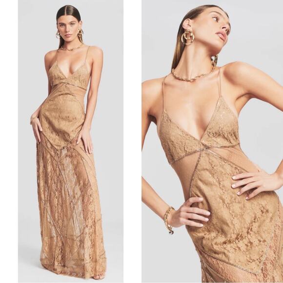 Retrofete Gianni Sequin Beaded Embellished Sheer Lace Champagne Maxi Dress Sz S - Picture 2 of 12